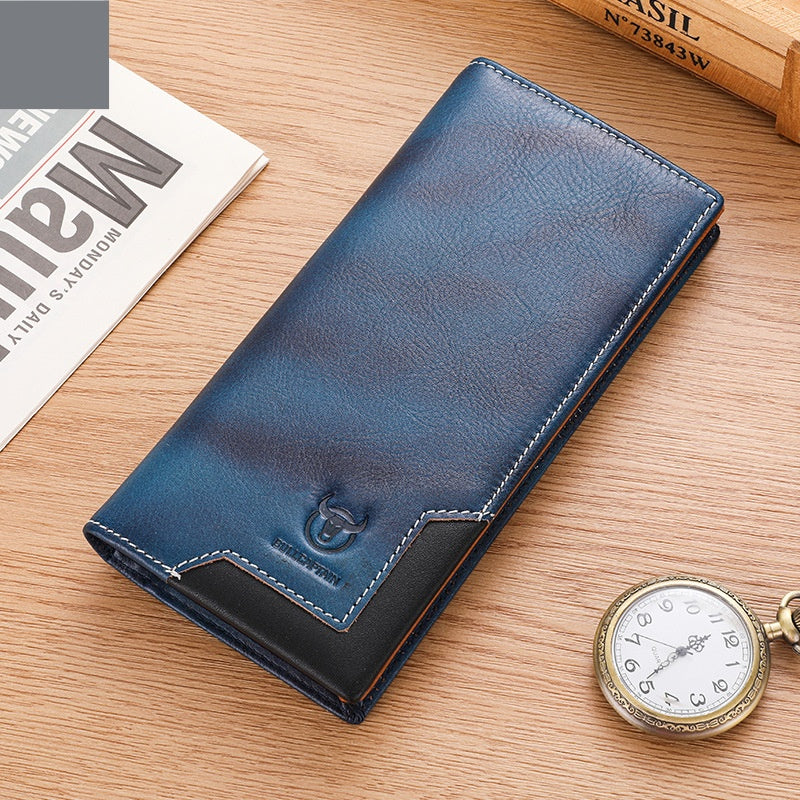 Captain Niu Oil-Waxed Leather Retro First-Layer Cowhide Bifold Large-Capacity Mens Wallet Flame Blue