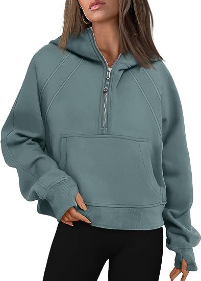 Zipper Hoodie Sweatshirt With Pocket Green