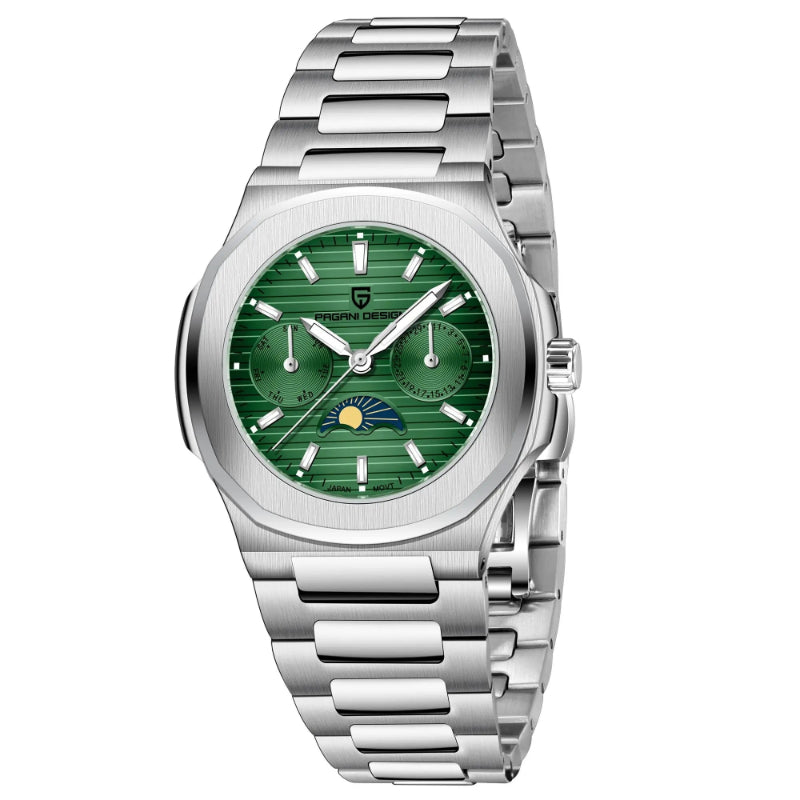 Multi-functional Water-resistant Luminous Moon Phase Watch With A Chronograph Emerald green