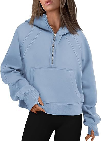 Zipper Hoodie Sweatshirt With Pocket Light Blue