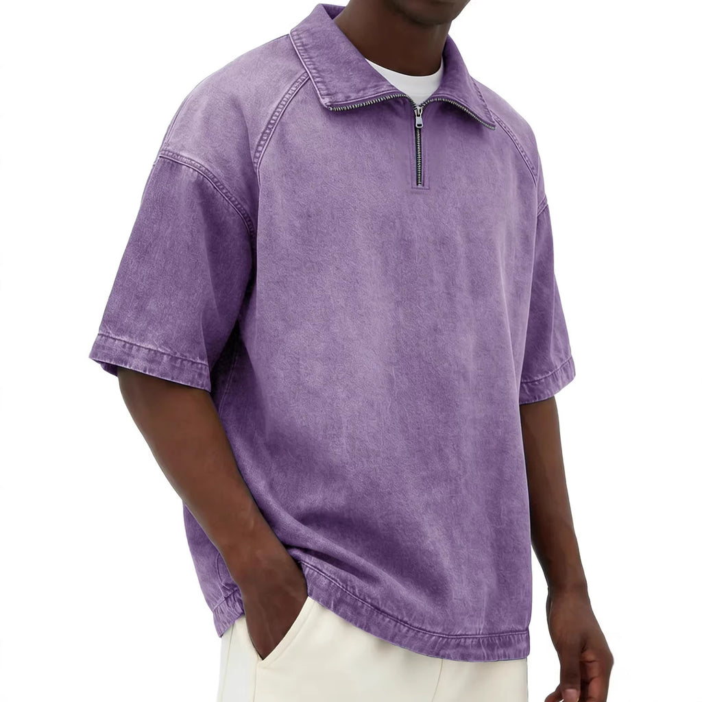 Short-sleeve Lapel Zip-up Shirt Purple