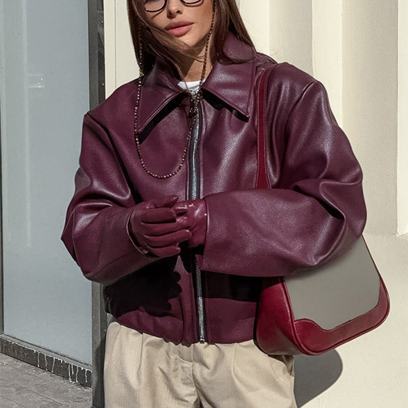 Zipper Jacket - Casual Long Sleeve Leather Coat