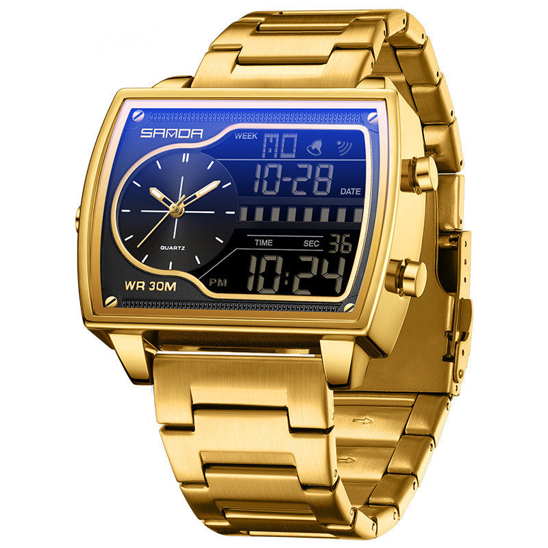 Multifunctional Electronic Business Watch Mens Steel Belt Gold Black Surface