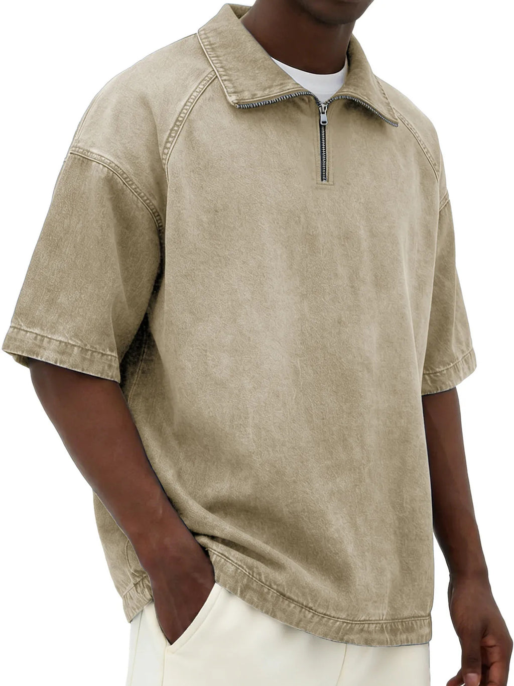 Short-sleeve Lapel Zip-up Shirt Khaki