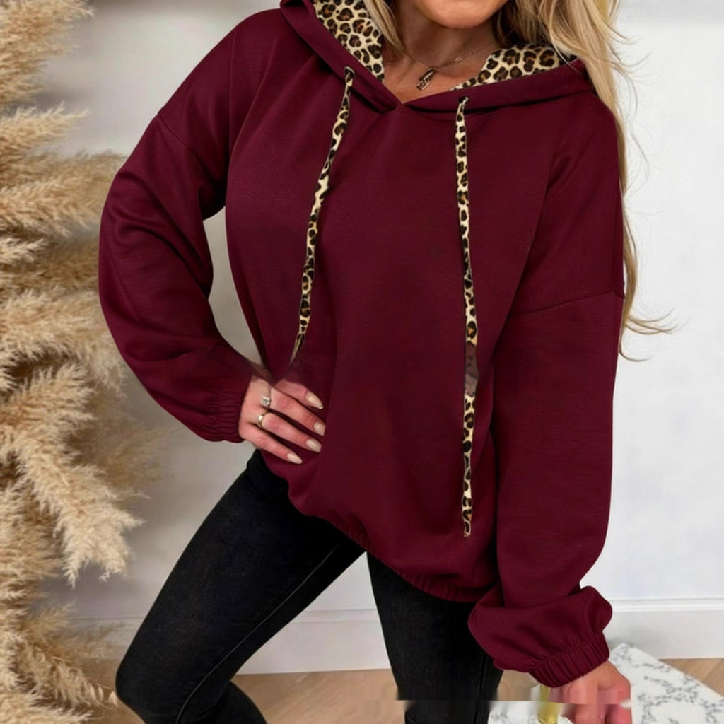 Leopard-print Patchwork Hooded Long-sleeve Sweatshirt Wine Red