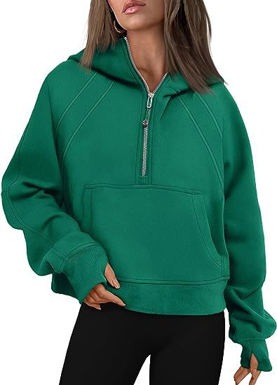 Zipper Hoodie Sweatshirt With Pocket Dark Green