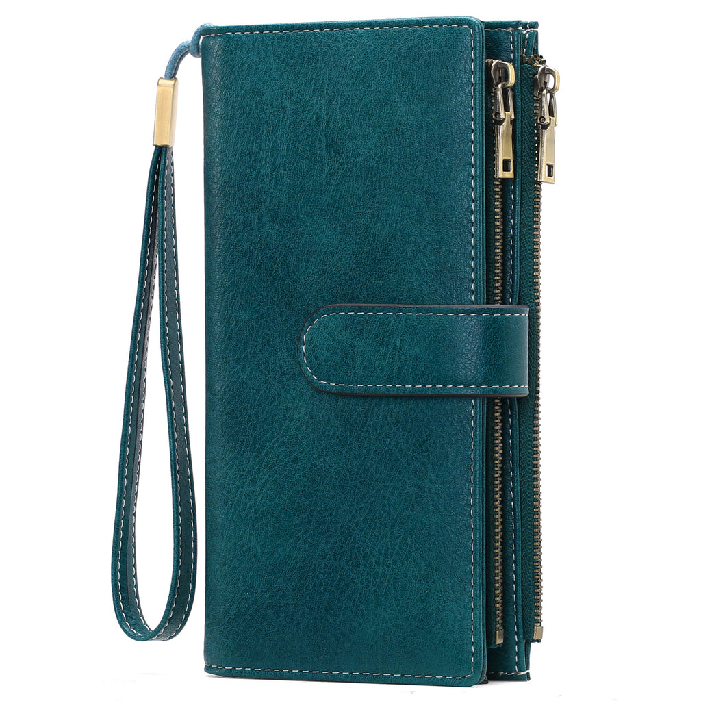 Womens Long Wallet Multi-functional Vintage Tri-fold Purse Lake Blue