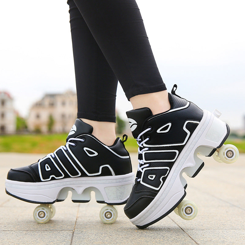 Boys And Girls Double Wheel Row Sneakers Can Be Put Away 1208Black