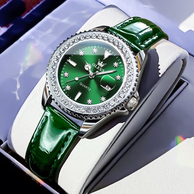 Stylish Business Quartz Womens Watch Green Leather Book Green