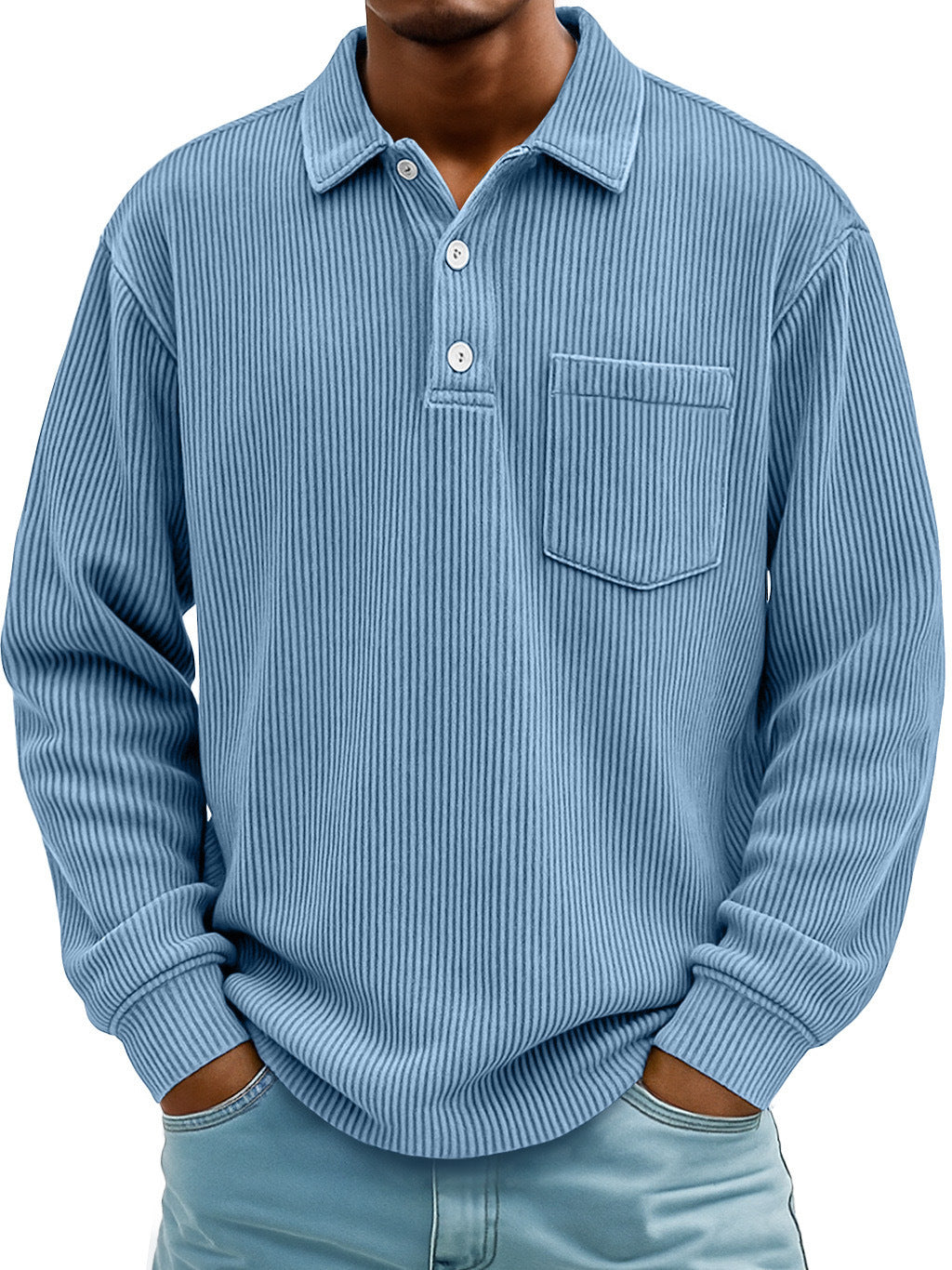 Polo Shirt Casual Corduroy-Striped Light Blue