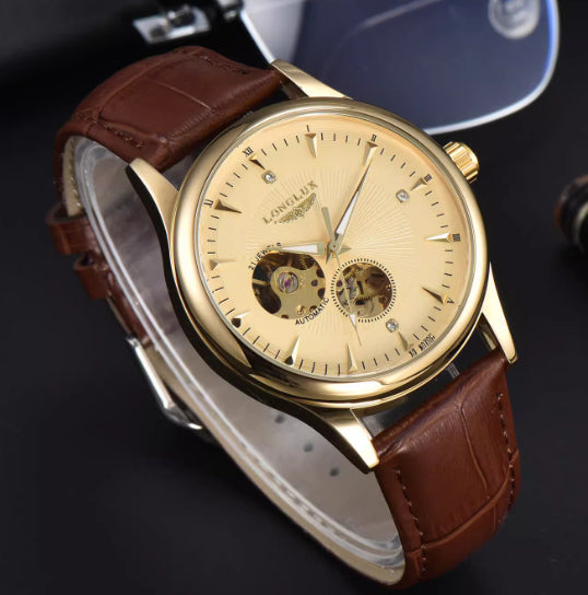Genuine Leather Waterproof Watch With A Fully Automatic Mechanical Movement Gold case gold dial