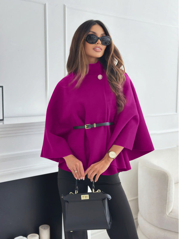 Stand Collar Batwing Sleeves Cloak Top With Belt Rose Red