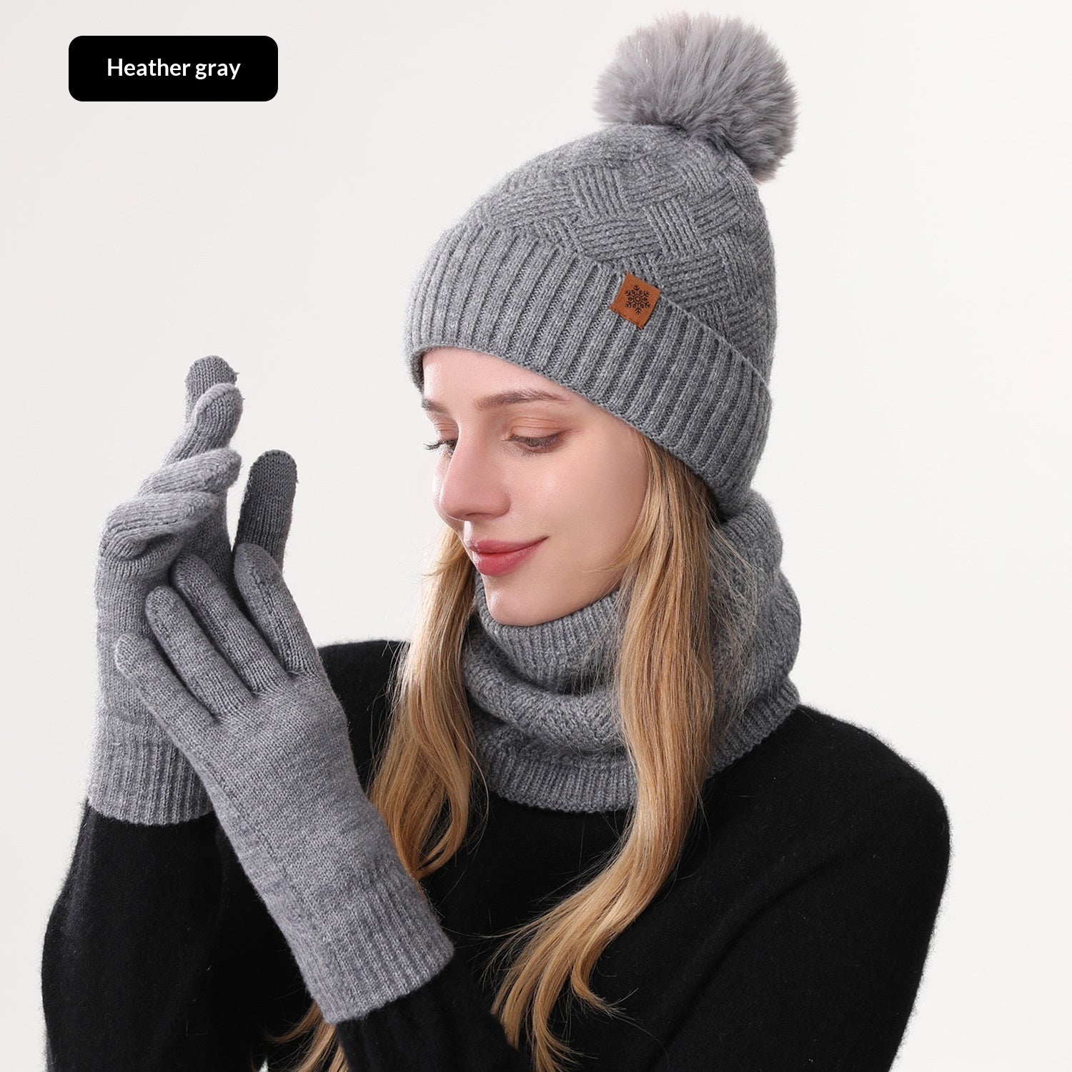 Ladies' Knitted Outdoor Warm Knitted Hat Scarf And Gloves Three-Piece Set Heather Gray