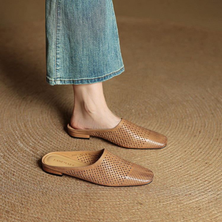 Full-Grain Leather Closed-Toe Half Slippers Khaki