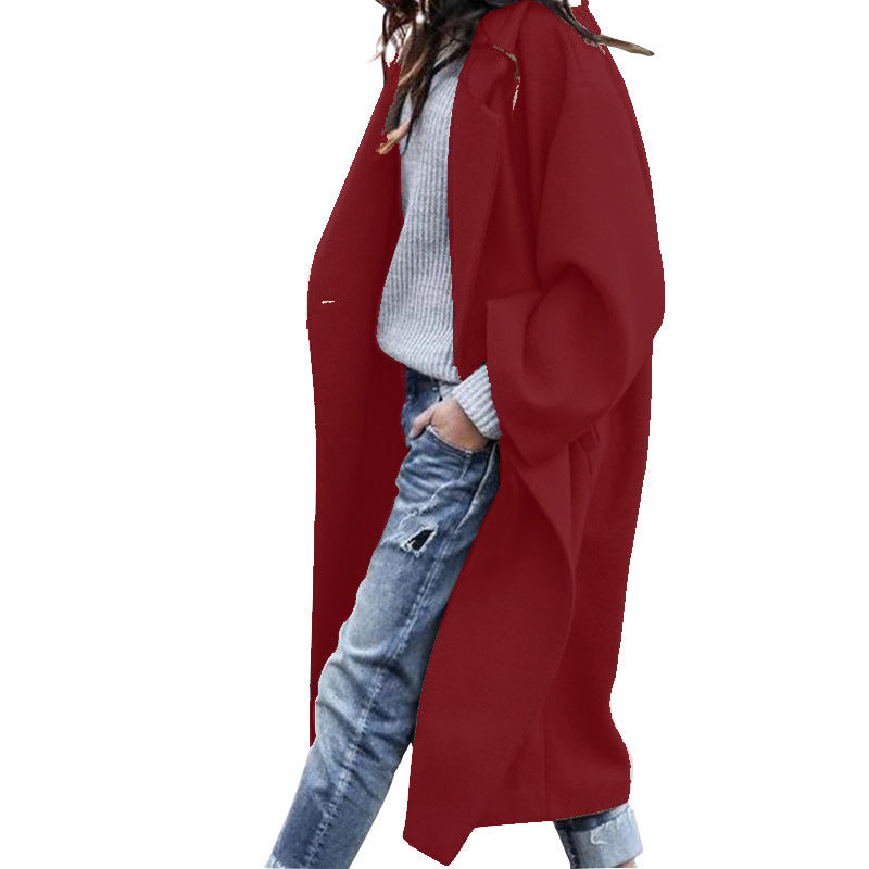 Casual Long Jacket With Pockets Wine Red
