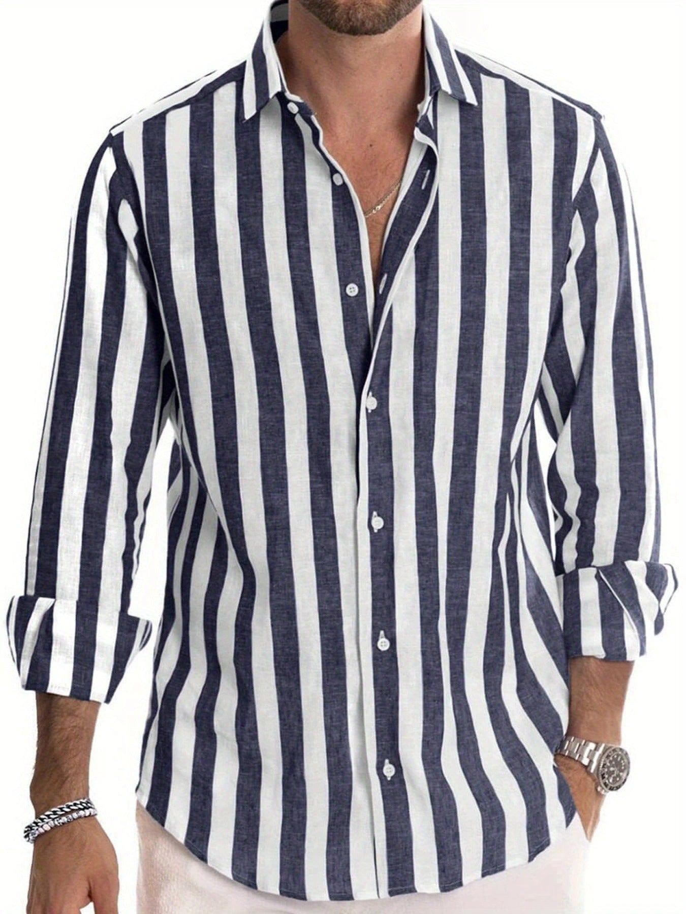 Stylish Striped Button-down Shirt Sapphire Blue