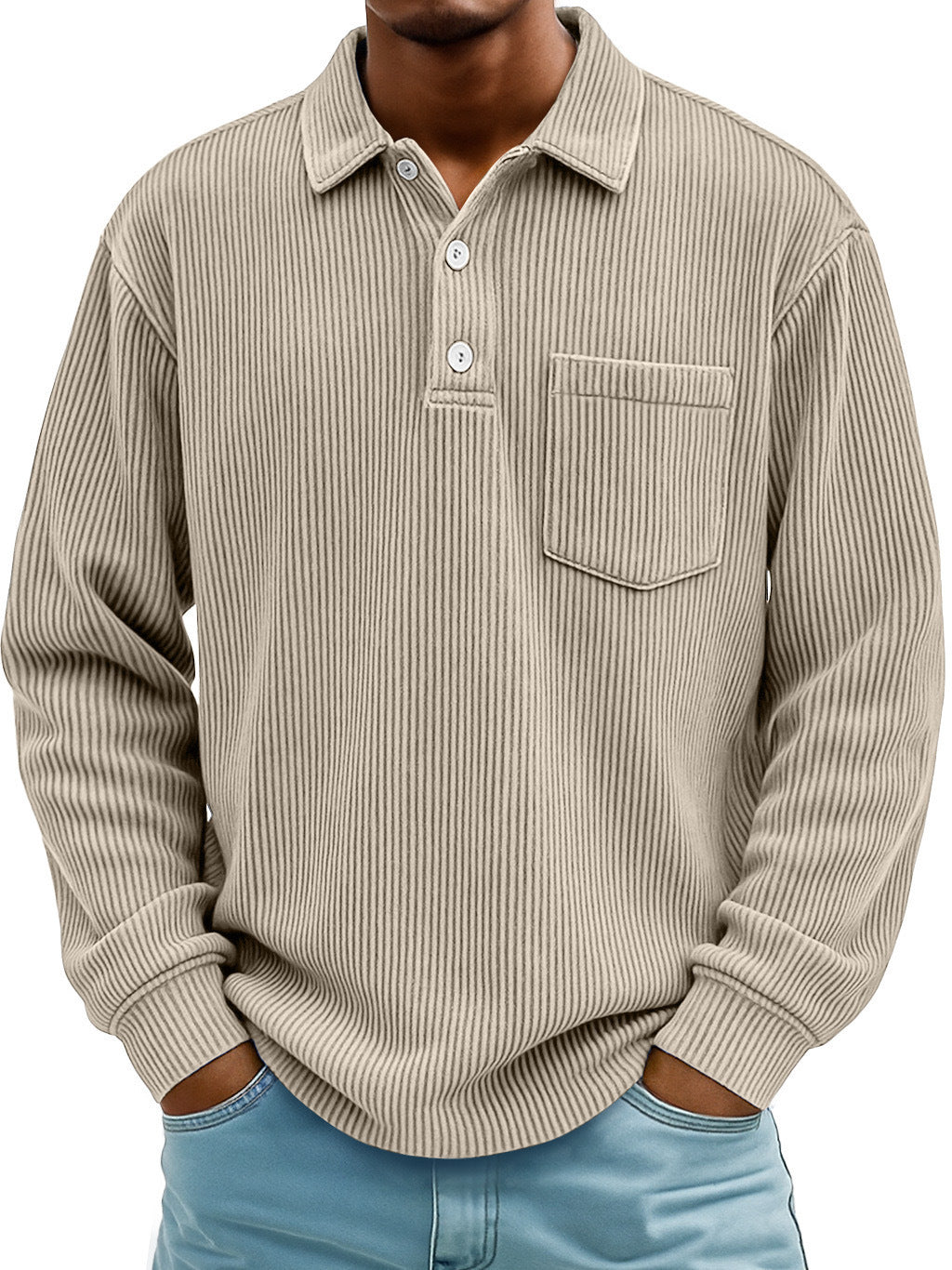Polo Shirt Casual Corduroy-Striped Khaki