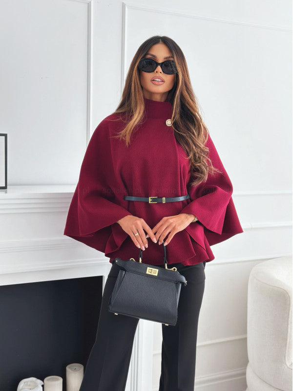 Stand Collar Batwing Sleeves Cloak Top With Belt Wine Red