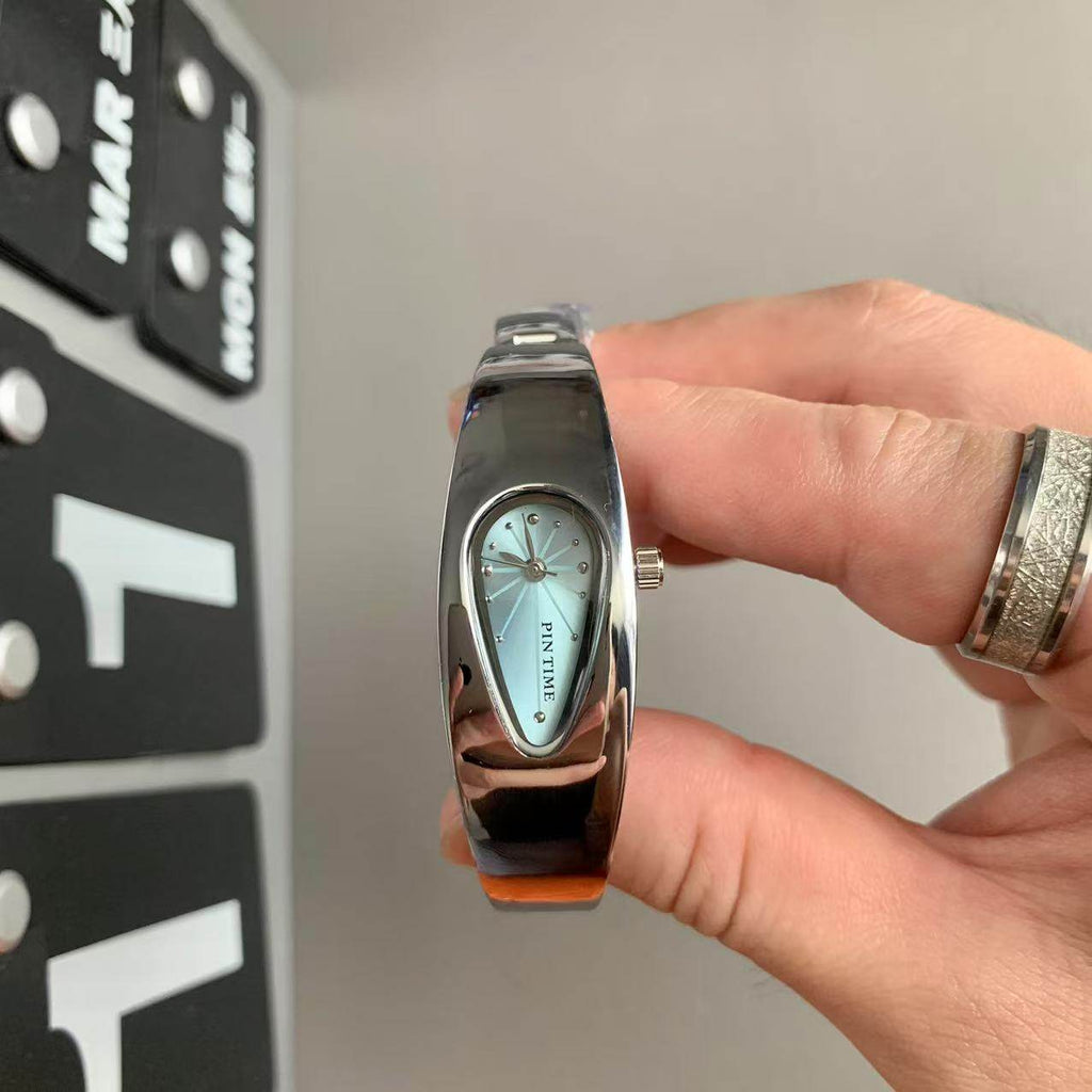 Retro Niche-design Irregular-Shaped Waterdrop Watch Silver Blue Glossy
