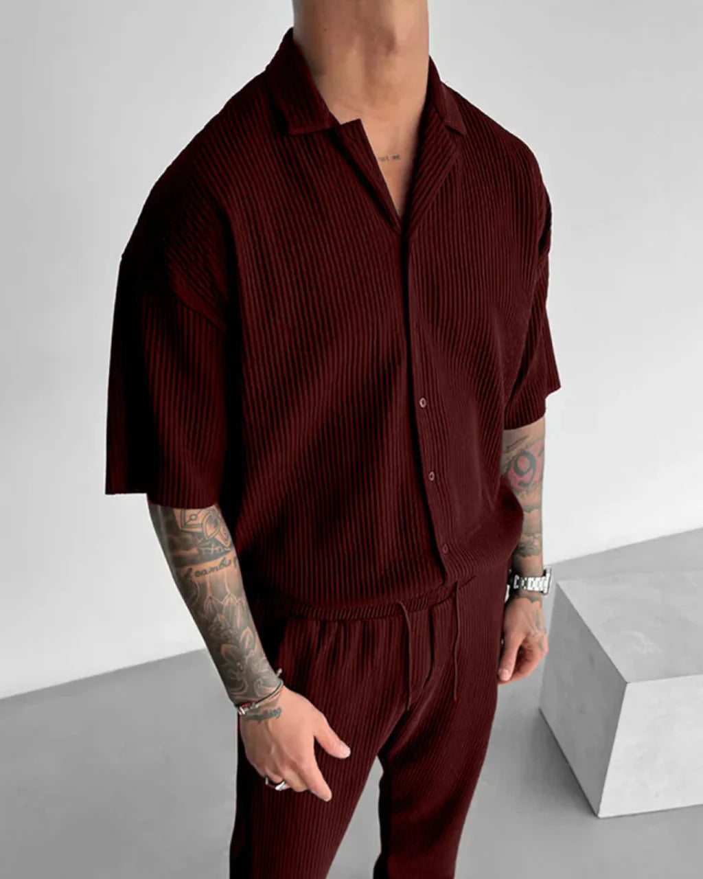 Solid-Color Casual Cardigan Shirt Dark Red