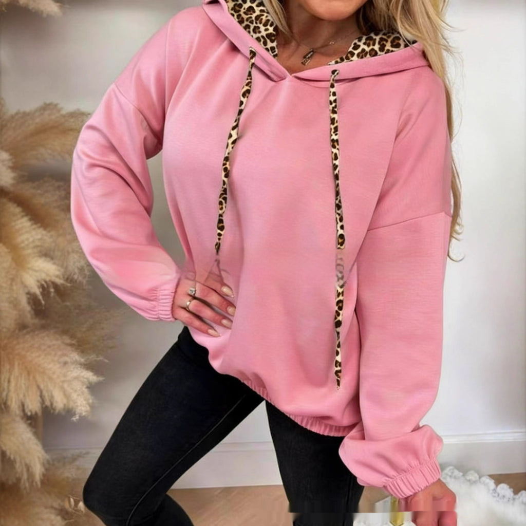 Leopard-print Patchwork Hooded Long-sleeve Sweatshirt Pink