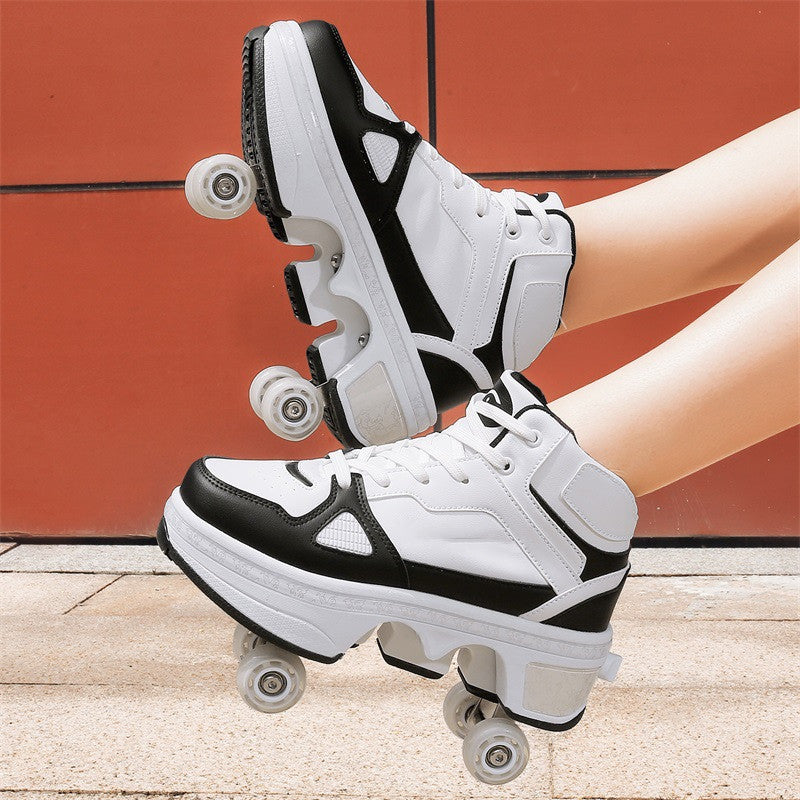 Boys And Girls Double Wheel Row Sneakers Can Be Put Away 1207Black White