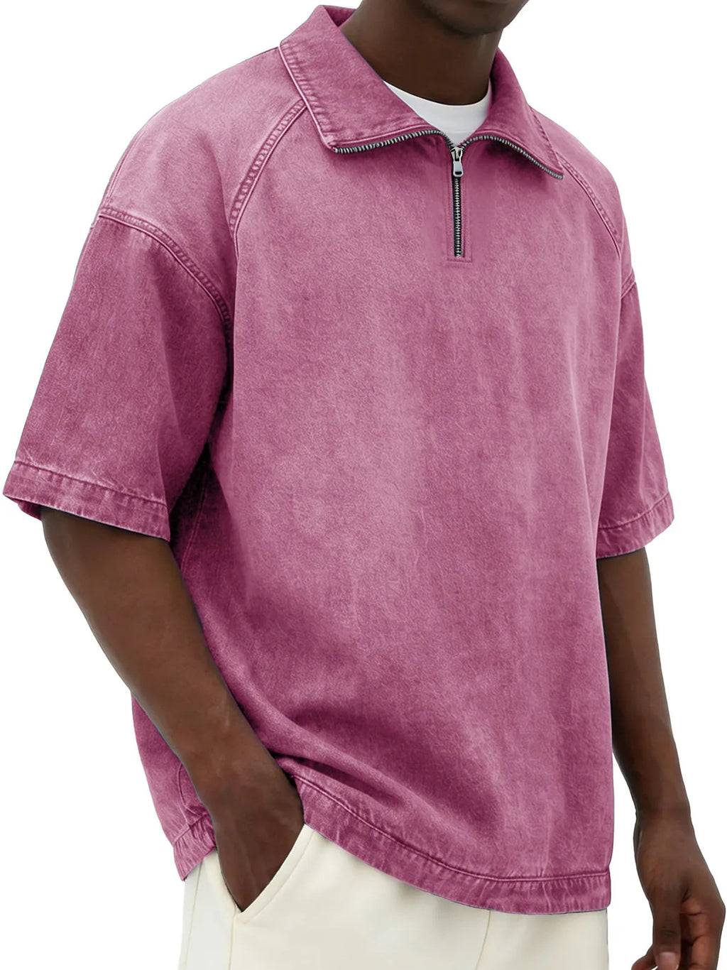 Short-sleeve Lapel Zip-up Shirt Pink