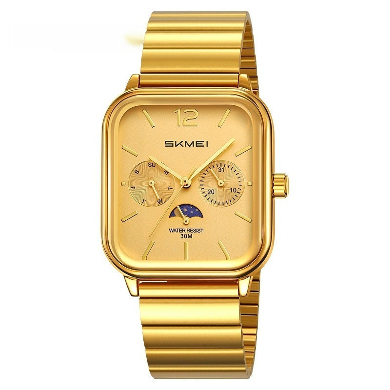Stylish Multifunctional Square Watch Gold Shell Gold Surface
