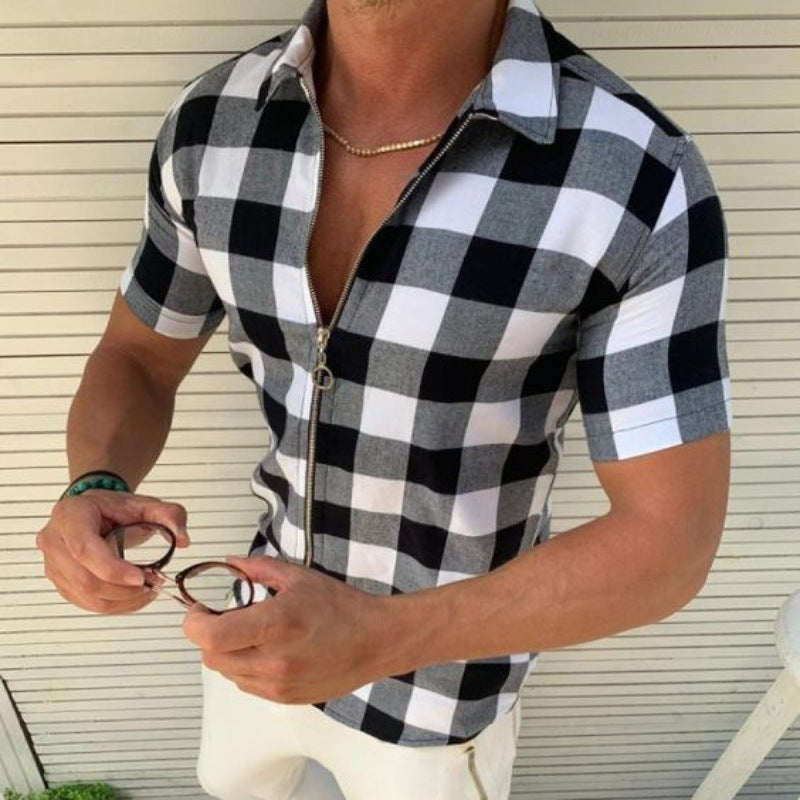 Plaid Zipper Short Sleeve Shirt Grey