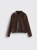 Zipper Jacket - Casual Long Sleeve Leather Coat Burgundy L
