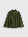 Stand Collar Batwing Sleeves Cloak Top With Belt Army Green L